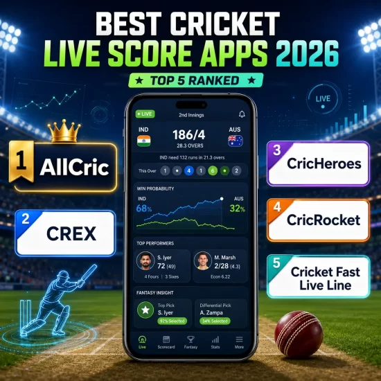 Best Cricket Live Score Apps 2026 ranking featuring AllCric at No.1, followed by CREX, CricHeroes, CricRocket, and Cricket Fast Live Line, with a comparison of live scores, AI predictions, fantasy insights, and cricket match tracking features.