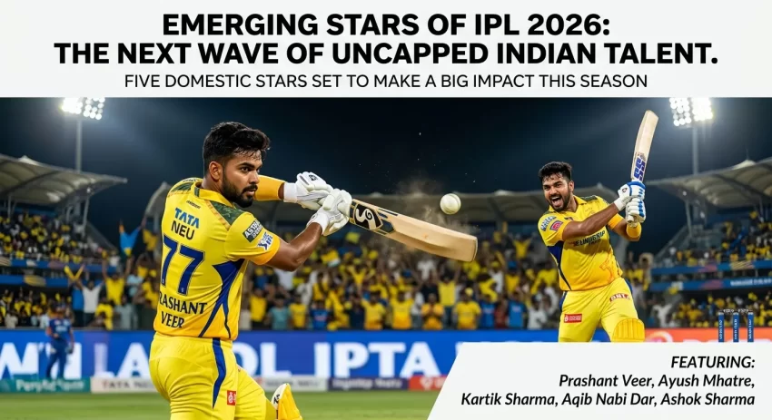 IPL 2026 emerging stars graphic titled "The Next Wave of Uncapped Indian Talent" featuring two CSK batters in yellow jerseys — Prashant Veer (No.77, foreground, playing a drive) and Kartik Sharma (background, celebrating a shot) — at a packed stadium, with a featured players list including Prashant Veer, Ayush Mhatre, Kartik Sharma, Aqib Nabi Dar, and Ashok Sharma.