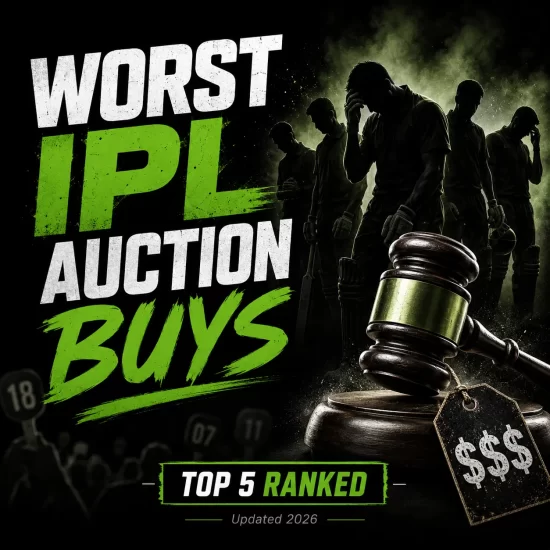 Worst IPL auction buys in history ranked, featuring the top 5 most expensive IPL signings who failed to justify their price tags. The graphic highlights costly auction mistakes, including players impacted by injuries, poor form, adaptation struggles, and underwhelming performances despite massive franchise investments.