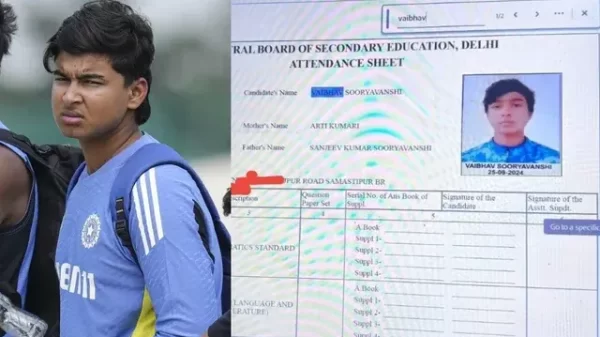 Vaibhav Sooryavanshi pictured beside a school attendance sheet showing his educational details.