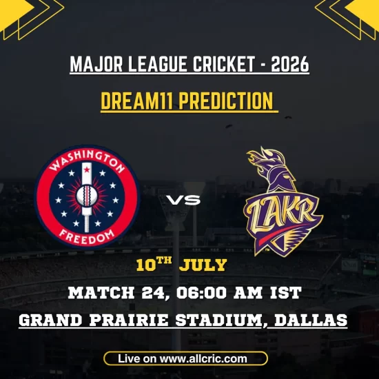 WF vs LAKR Dream11 prediction today match for MLC 2026 Match 24 featuring Washington Freedom vs Los Angeles Knight Riders at Grand Prairie Stadium, Dallas, with expert Dream11 team prediction, fantasy tips, captain and vice-captain picks.