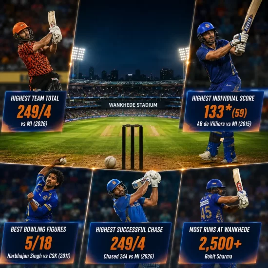 Wankhede Stadium IPL records graphic showing SRH’s 249/4 highest team total, AB de Villiers’ 133*, Harbhajan Singh’s 5/18, and Rohit Sharma’s 2,500+ runs.