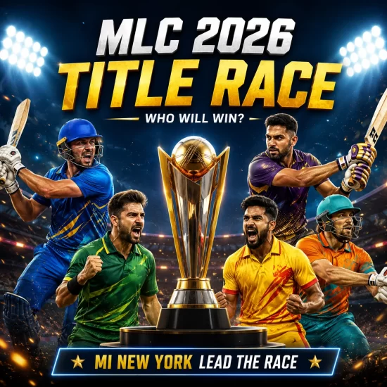MLC 2026 title race graphic featuring MI New York, Los Angeles Knight Riders, Texas Super Kings, Washington Freedom, Seattle Orcas, and San Francisco Unicorns, highlighting the top contenders to win the Major League Cricket 2026 championship.