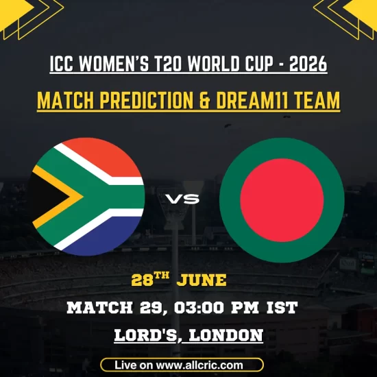 South Africa Women vs Bangladesh Women Dream11 prediction today match for ICC Women’s T20 World Cup 2026 at Lord’s, London, featuring SA-W vs BAN-W match prediction, fantasy team tips, pitch report, and captain picks.
