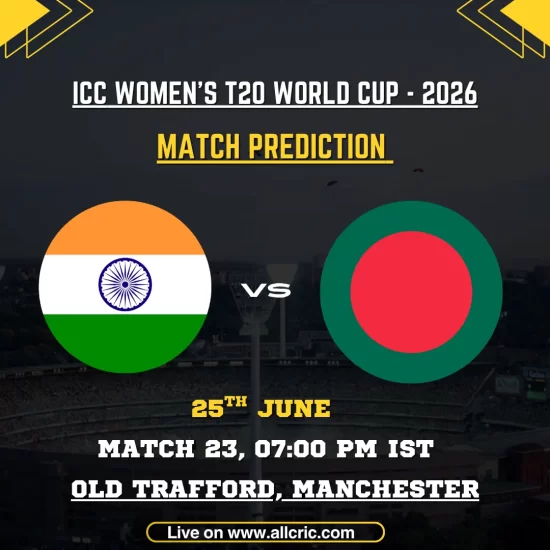 IND-W vs BAN-W today match prediction graphic for ICC Women's T20 World Cup 2026 featuring India Women and Bangladesh Women at Old Trafford, Manchester, with expert winner prediction and match analysis for June 25.